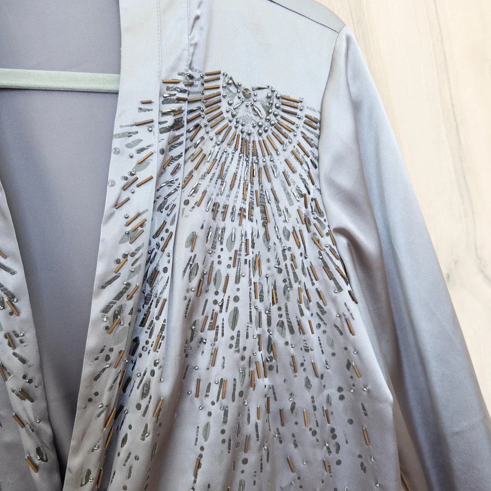 Chicos Womens Beaded Sunrise Jacket Size‎ M Silver Open Front Quiet Luxury Chic